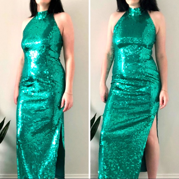 Vintage Dresses & Skirts - Vintage 80’s Laurence Kazar Turquoise Sequin Halter Holiday Party Dress